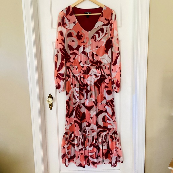 Tiered Midi Dress S Wine Burgund Multi print long sleeve boho peasant cottage - Picture 2 of 15